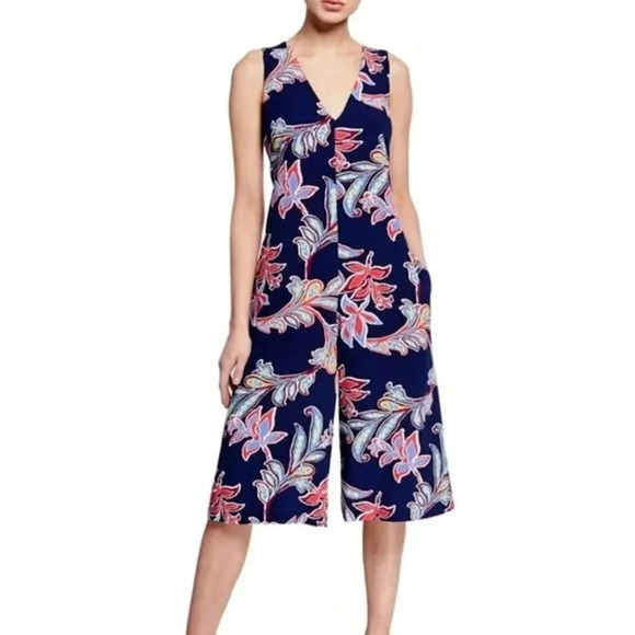 Laundry Shelli Segal Jumpsuit Sz 12 Tropical Floral Wide Leg Cropped Sleeveless - Picture 1 of 5